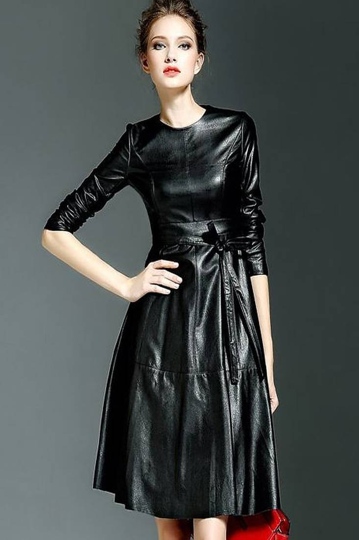 Women’s genuine lambskin black dressfit & flaire long sleeve dress