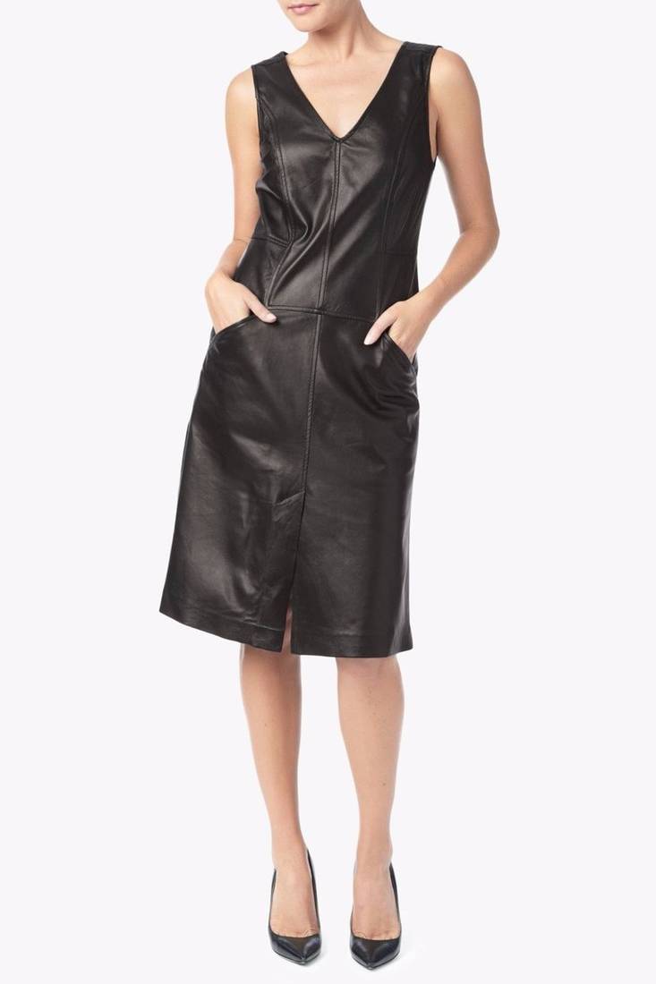 Women’s sleeveless genuine lambskin leather bodycon dress