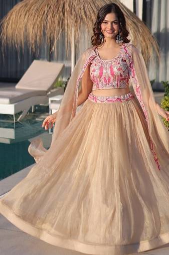 Beige Lehenga Choli with Embroidered Cape Dupatta | Luxury Wedding & Festive Wear