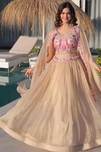 Beige Lehenga Choli with Embroidered Cape Dupatta | Luxury Wedding & Festive Wear