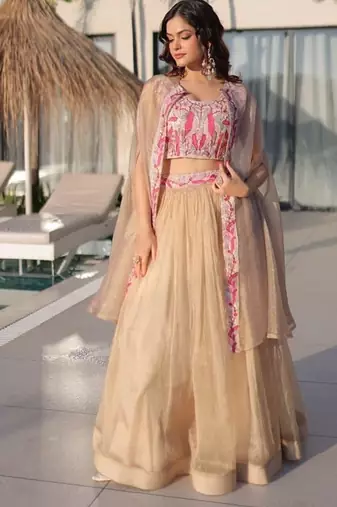 Beige Lehenga Choli with Embroidered Cape Dupatta | Luxury Wedding & Festive Wear