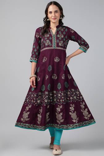 Wine cotton printed anarkali kurta