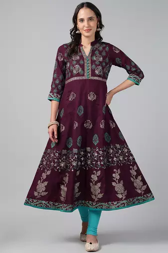 Wine cotton printed anarkali kurta