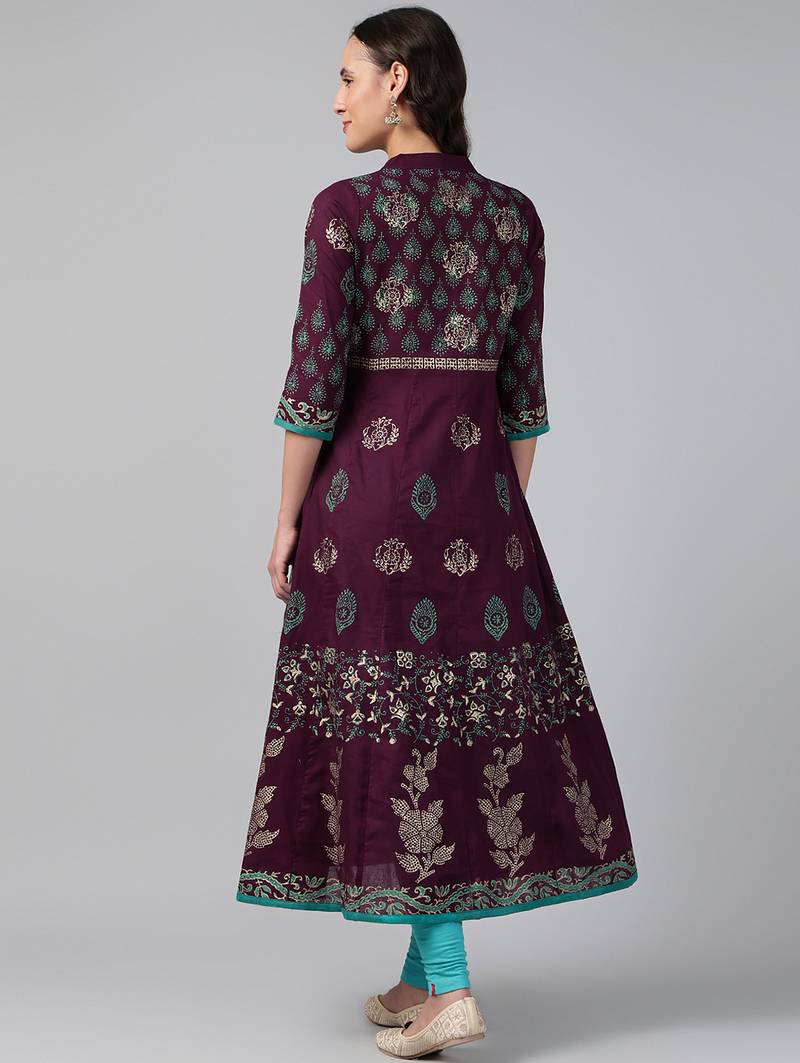 Wine cotton printed anarkali kurta