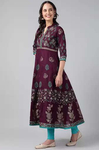 Wine cotton printed anarkali kurta