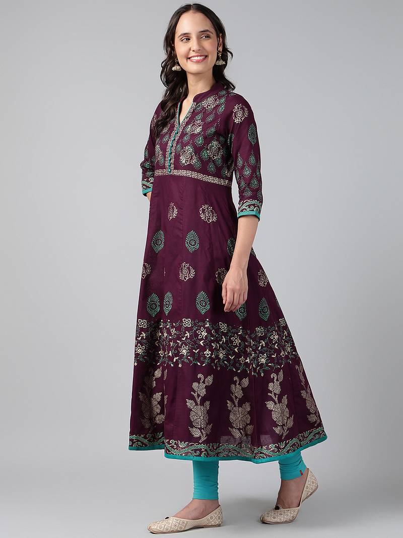 Wine cotton printed anarkali kurta