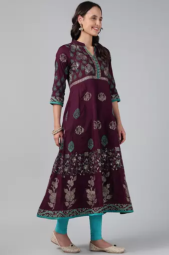 Wine cotton printed anarkali kurta