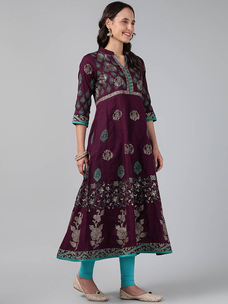 Wine cotton printed anarkali kurta