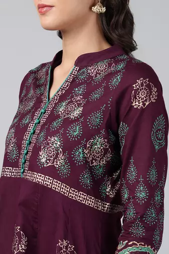 Wine cotton printed anarkali kurta