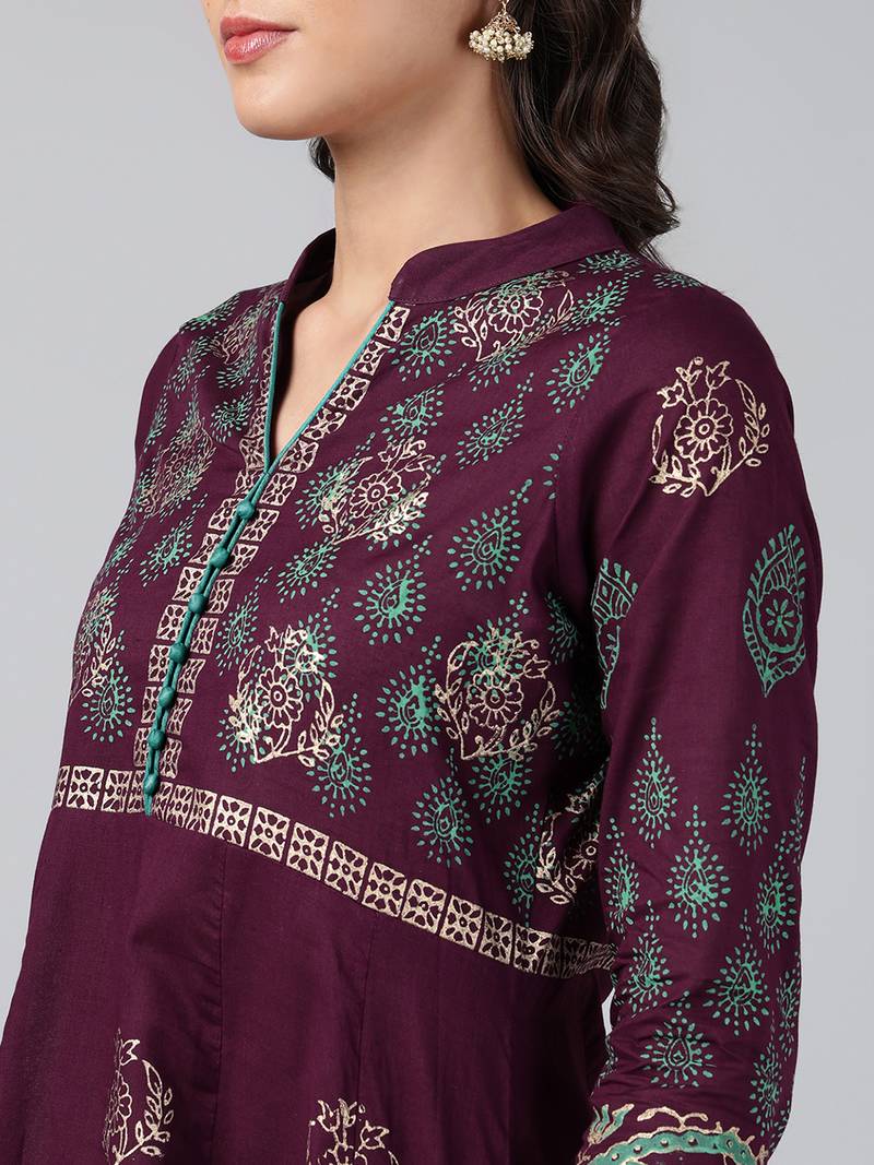 Wine cotton printed anarkali kurta