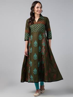 Dark green cotton printed anarkali kurta 1