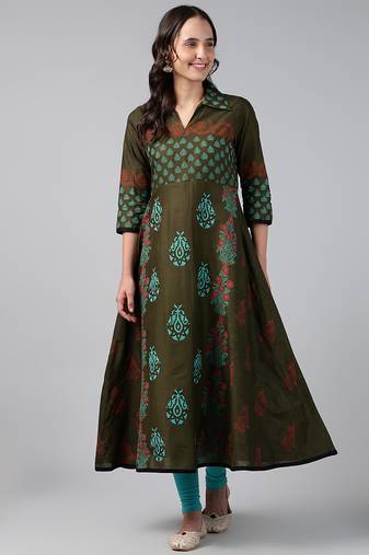 Dark green cotton printed anarkali kurta