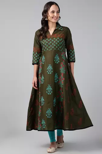 Dark green cotton printed anarkali kurta