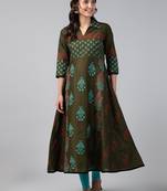 Dark green cotton printed anarkali kurta
