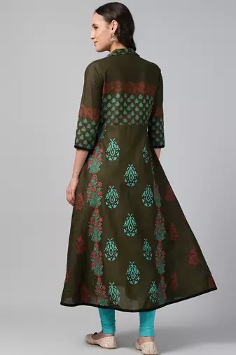 Dark green cotton printed anarkali kurta
