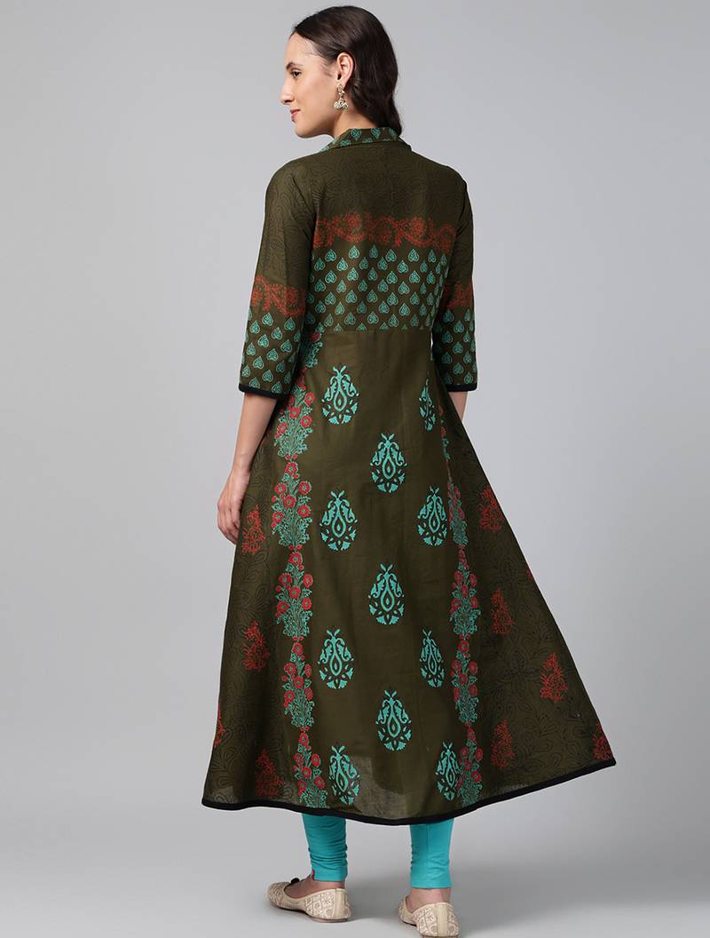 Dark green cotton printed anarkali kurta