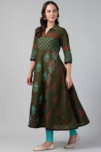 Dark green cotton printed anarkali kurta