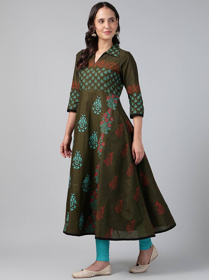 Dark green cotton printed anarkali kurta
