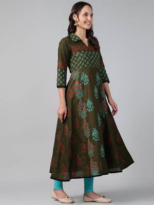 Dark green cotton printed anarkali kurta 4