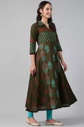 Dark green cotton printed anarkali kurta