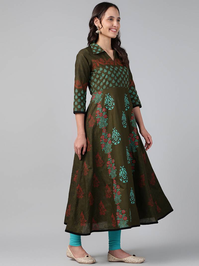 Dark green cotton printed anarkali kurta
