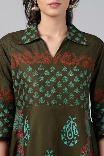 Dark green cotton printed anarkali kurta