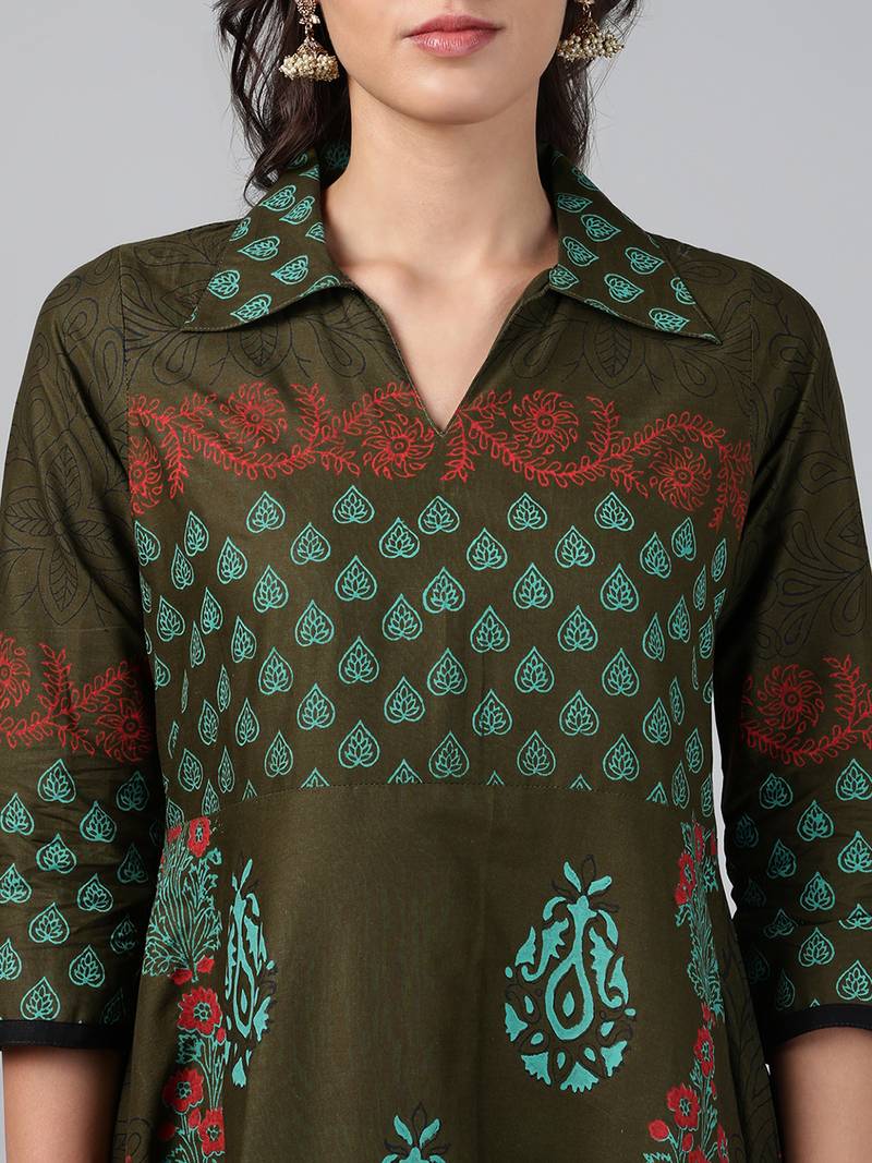 Dark green cotton printed anarkali kurta