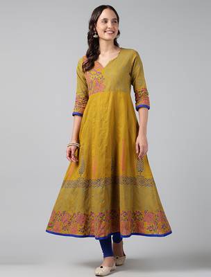 Mustard cotton printed anarkali kurta 1