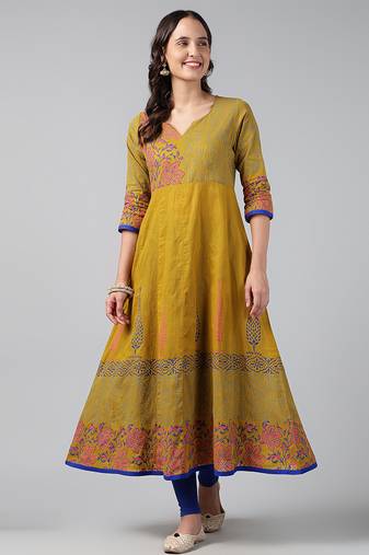 Mustard cotton printed anarkali kurta