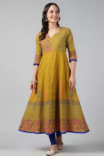 Mustard cotton printed anarkali kurta
