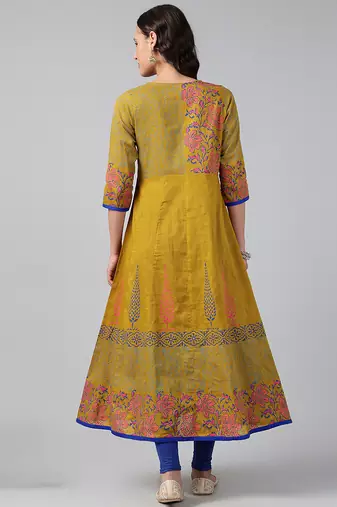 Mustard cotton printed anarkali kurta