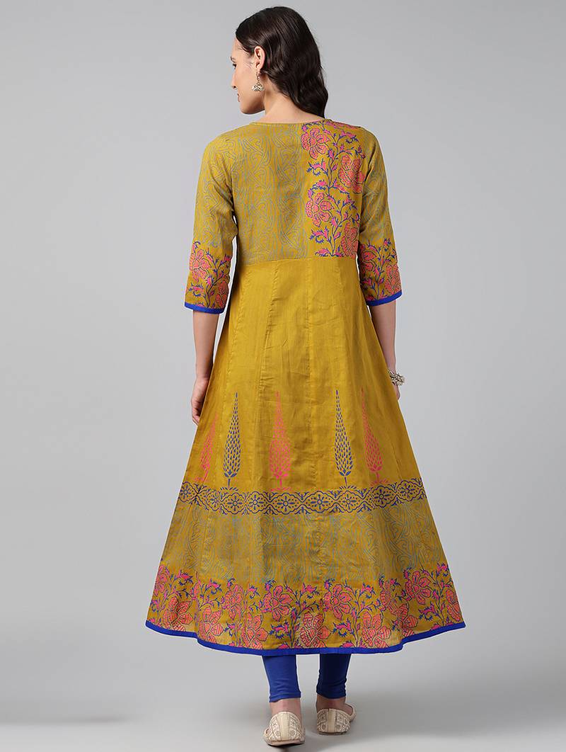Mustard cotton printed anarkali kurta