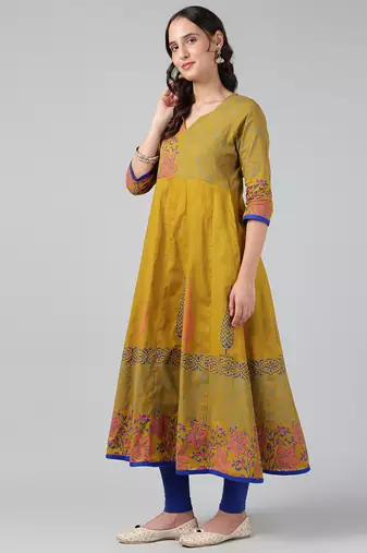 Mustard cotton printed anarkali kurta