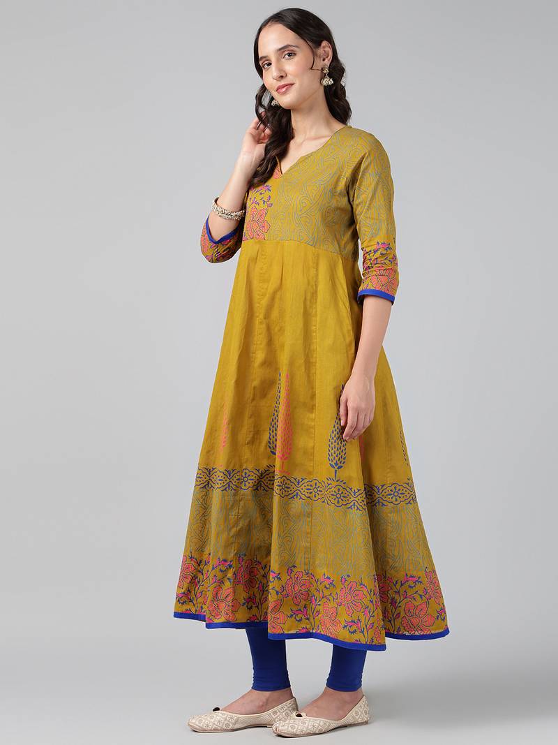 Mustard cotton printed anarkali kurta