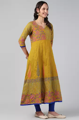 Mustard cotton printed anarkali kurta