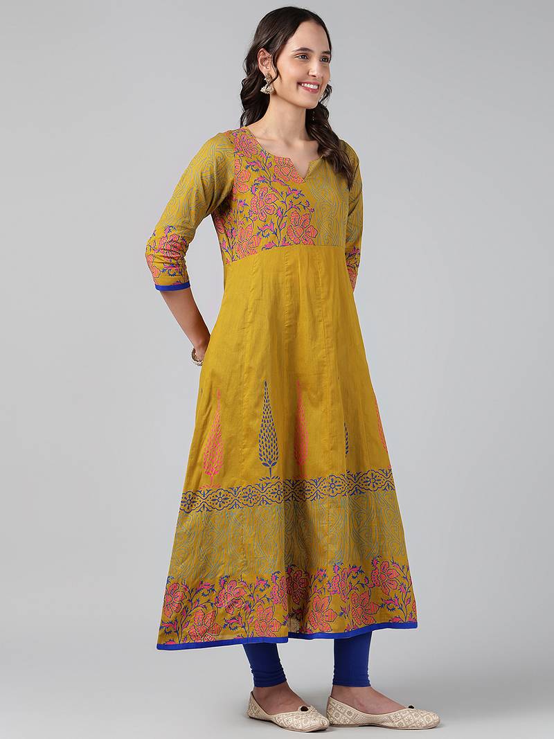 Mustard cotton printed anarkali kurta