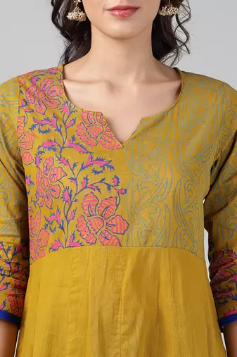Mustard cotton printed anarkali kurta