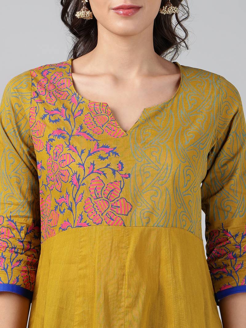 Mustard cotton printed anarkali kurta
