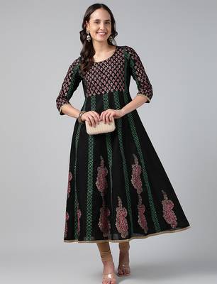Black cotton printed anarkali kurta 1