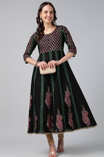 Black cotton printed anarkali kurta