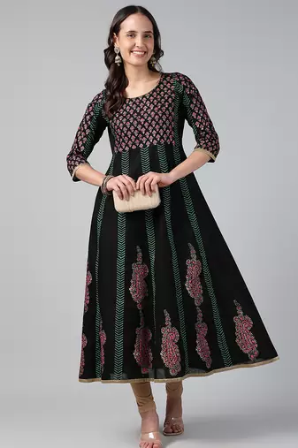 Black cotton printed anarkali kurta