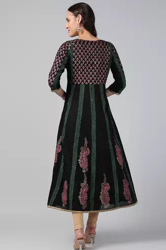 Black cotton printed anarkali kurta