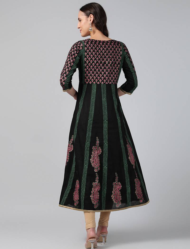 Black cotton printed anarkali kurta