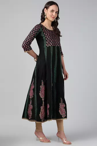 Black cotton printed anarkali kurta