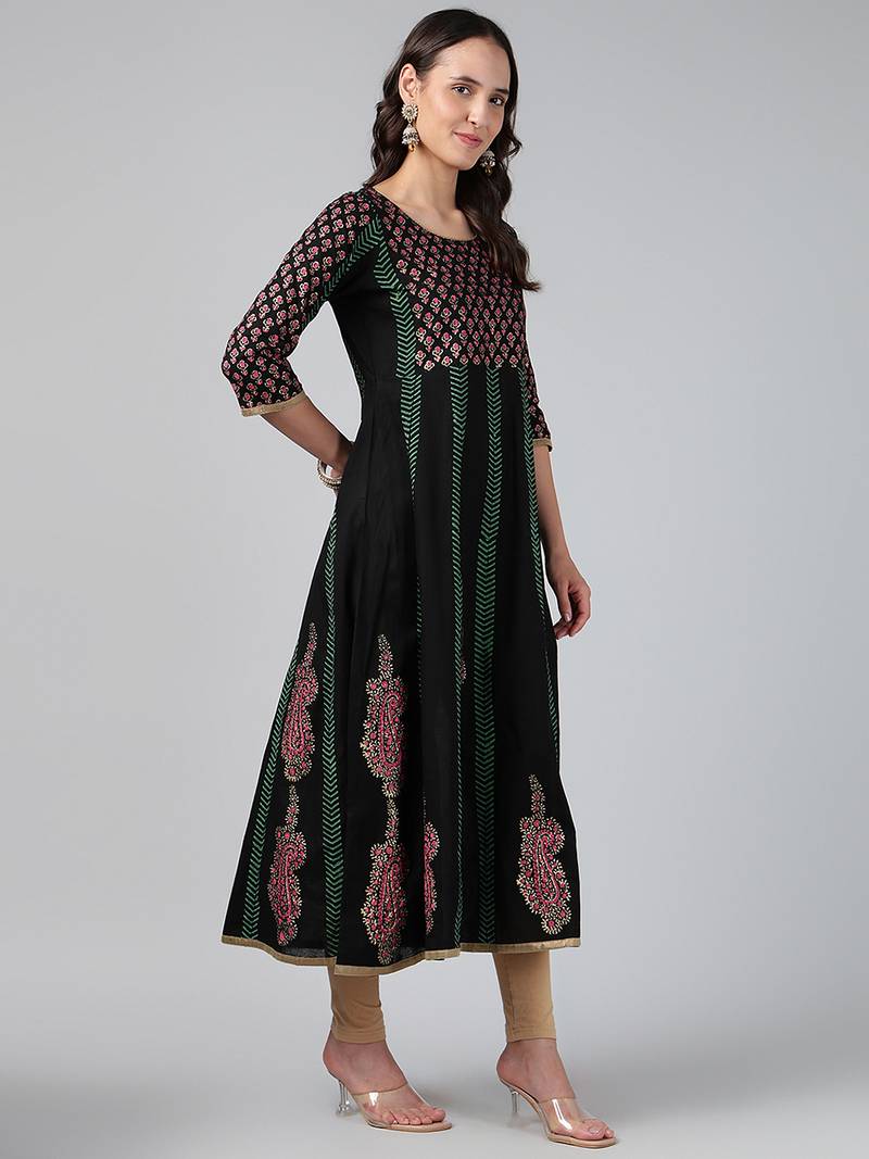 Black cotton printed anarkali kurta