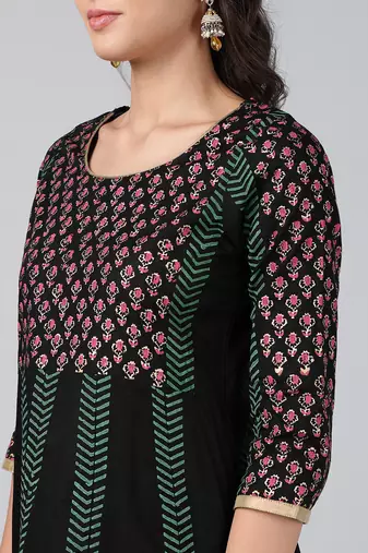 Black cotton printed anarkali kurta