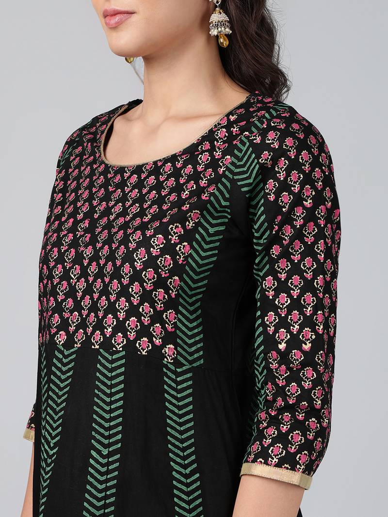 Black cotton printed anarkali kurta