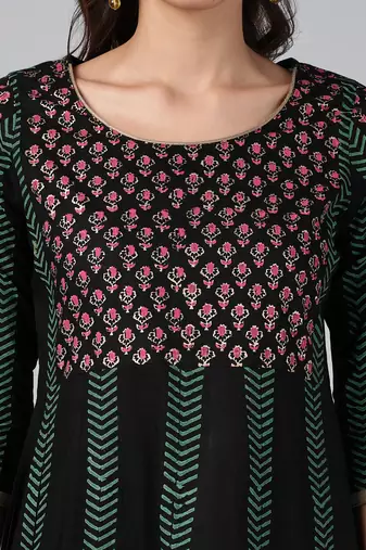 Black cotton printed anarkali kurta