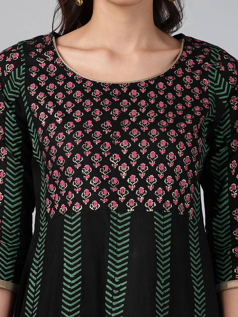Black cotton printed anarkali kurta