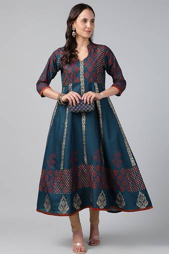 Dark grey cotton printed anarkali kurta